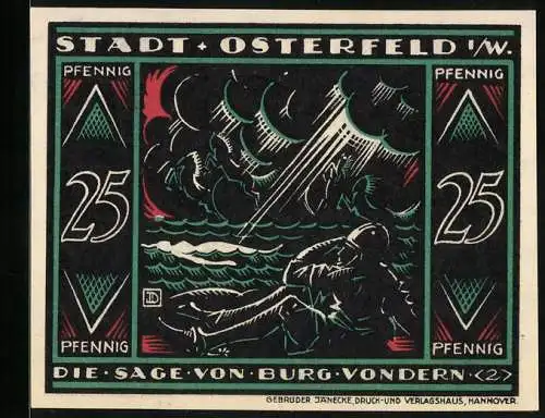 Notgeld Osterfeld i. W. 1921, 25 Pfennig, Sage von Burg Vondern, Mann rettet sich vor dem Unwetter