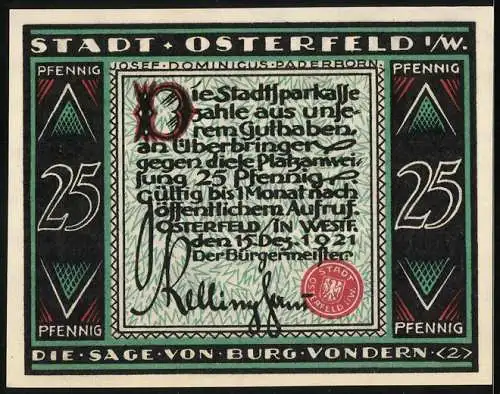 Notgeld Osterfeld i. W. 1921, 25 Pfennig, Sage von Burg Vondern, Mann rettet sich vor dem Unwetter