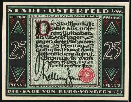 Notgeld Osterfeld i. W. 1921, 25 Pfennig, Sage von Burg Vondern, Männer blicken auf ein Licht