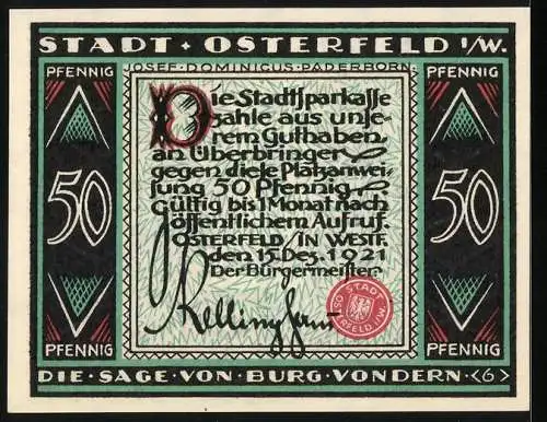 Notgeld Osterfeld i. W. 1921, 50 Pfennig, Sage von Burg Vondern, Männer bewachen ein Tor