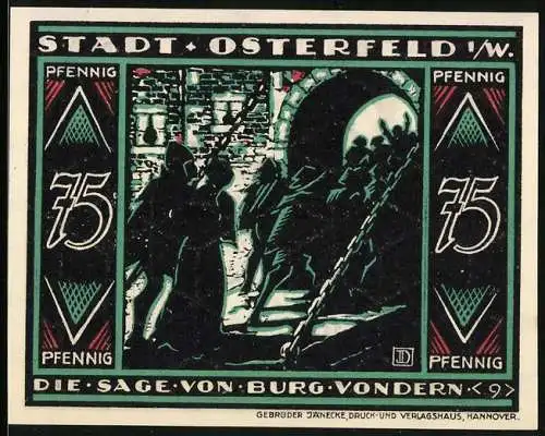 Notgeld Osterfeld i. W. 1921, 75 Pfennig, Sage von Burg Vondern, Menschen stürmen eine Burg