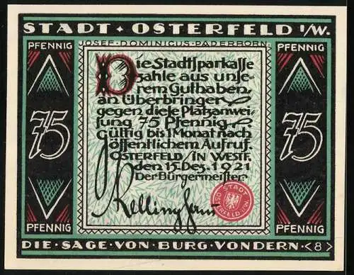 Notgeld Osterfeld i. W. 1921, 75 Pfennig, Sage von Burg Vondern, Ritter tötet einen Narren