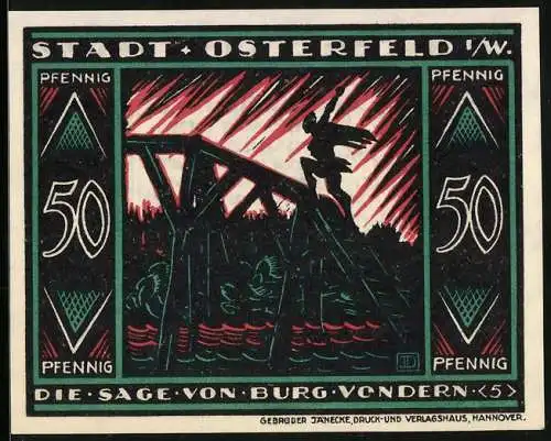 Notgeld Osterfeld i. W. 1921, 50 Pfennig, Sage von Burg Vondern, Mann erklimmt eine Leiter