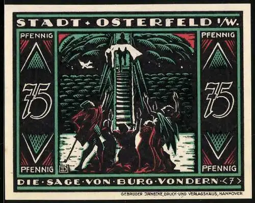 Notgeld Osterfeld i. W. 1921, 75 Pfennig, Sage von Burg Vondern, Mann trägt eine Frau in seinen Armen