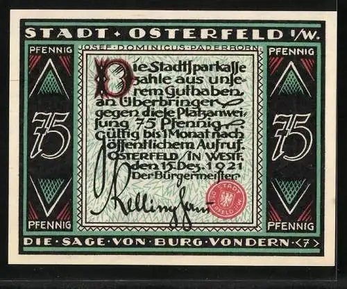 Notgeld Osterfeld i. W. 1921, 75 Pfennig, Sage von Burg Vondern, Mann trägt eine Frau in seinen Armen