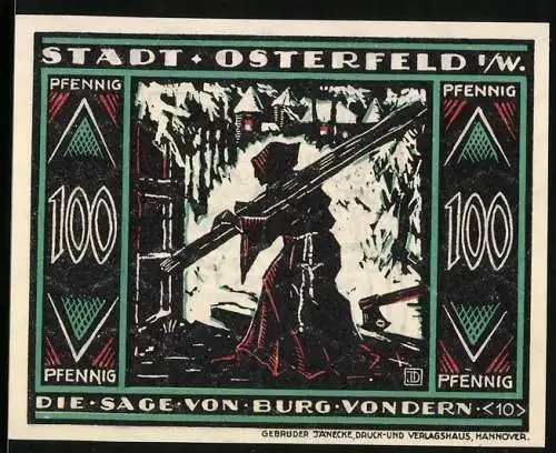 Notgeld Osterfeld i. W. 1921, 100 Pfennig, Sage von Burg Vondern, Mönch trägt einen Holzstamm auf der Schulter