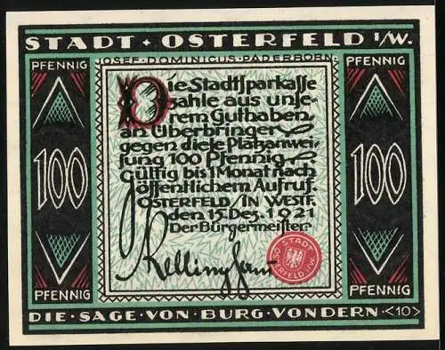 Notgeld Osterfeld i. W. 1921, 100 Pfennig, Sage von Burg Vondern, Mönch trägt einen Holzstamm auf der Schulter