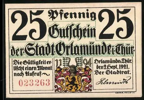 Notgeld Orlamünde i. Thür. 1921, 25 Pfennig, Text Luther und Karlstadt in Orlamünde 1524, Wappen, Gutschein