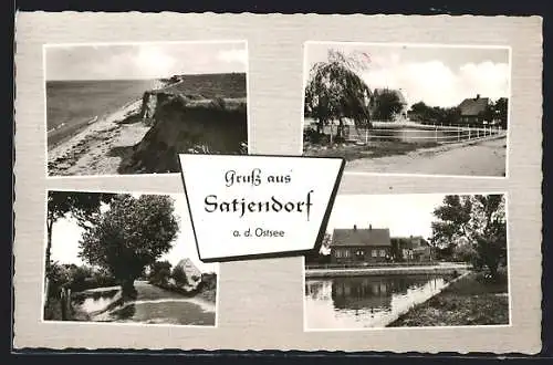 AK Satjendorf über Kiel, Ortspartie und Klippen am Strand