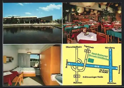 AK Garching / München, Hotel-Restaurant Olympia-Schiessanlage, Innenansichten, Stadtplan