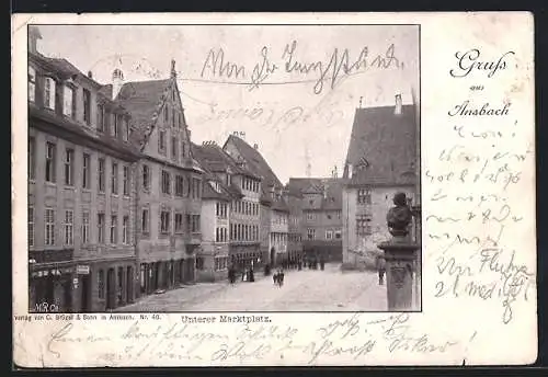 AK Ansbach / Bayern, Unterer Marktplatz mit Geschäften und Denkmal