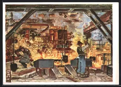Künstler-AK Oberhausen, Gutehoffnungshütte Oberhausen AG, Fabrikarbeiter beim Hochofenabstich