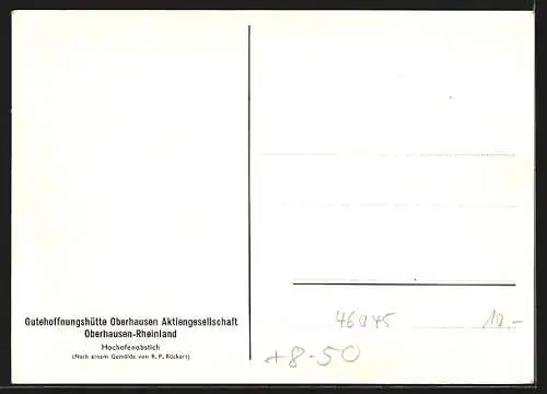 Künstler-AK Oberhausen, Gutehoffnungshütte Oberhausen AG, Fabrikarbeiter beim Hochofenabstich