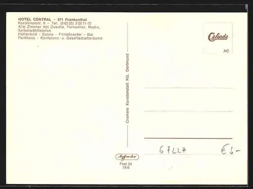 AK Frankenthal / Pfalz, Hotel Central, Karolinenstr. 6, Innenansicht