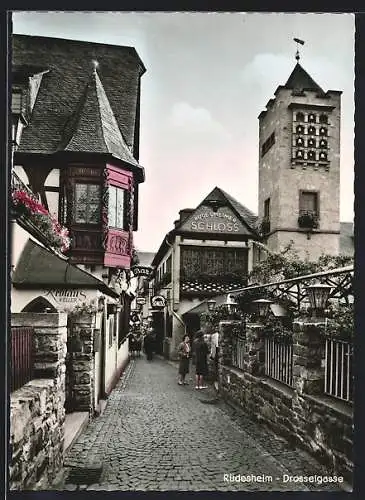 AK Rüdesheim a. Rh., Drosselgasse mit Gasthaus Reblaus-Keller und Rüdesheimer Schloss