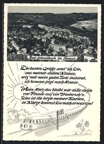 AK Bad Schwalbach im Taunus, Ortsansicht aus der Vogelschau, Eisenbahn