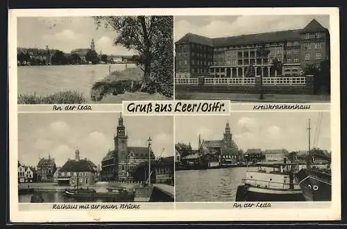 AK Leer / Ostfriesland, An der Leda, Neues Krankenhaus, An der Leda, Rathaus mit der neuen Brücke