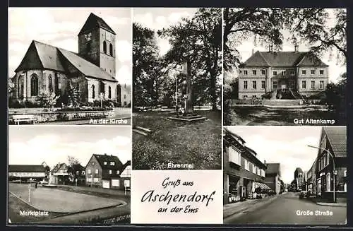 AK Aschendorf / Ems, An der Kirche, Ehrenmal, Gut Altenkamp, Marktplatz, Grosse Strasse