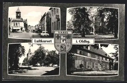 AK Varel / Oldenburg, Neuestrasse, Amtsgericht, Kirche, Waisenhaus, Wappen
