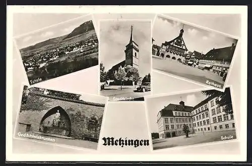 AK Metzingen / Württ., Gedächtnisbrunnen, Schule, Totalansicht