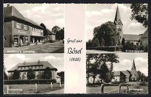 AK Bösel / Oldb., Volksschule, Dorfansicht, Kirchenansicht