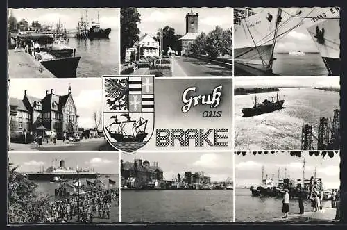 AK Brake / Unterweser, Hafen, Strassenpartie, Schiff in Fahrt