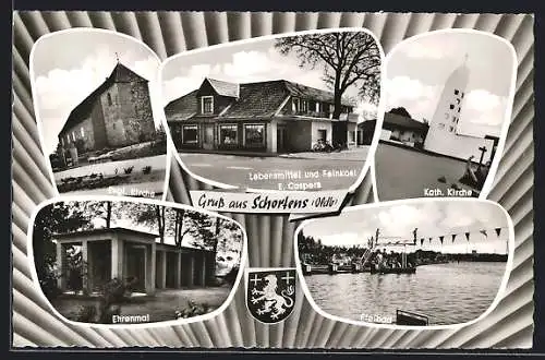 AK Schortens /Oldb., Lebensmittelgeschäft E. Caspers, Freibad, Katholische Kirche