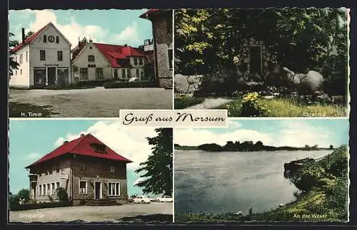 AK Morsum / Weser, Geschäft von H. Timm, Weserpartie, Ehrenmal