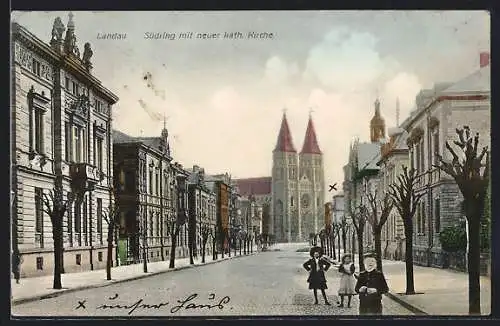 AK Landau / Pfalz, Südring-Strasse mit neuer kath. Kirche