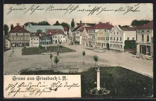 AK Griesbach / Niederbayern, Ortspartie mit Säulendenkmälern aus der Vogelschau