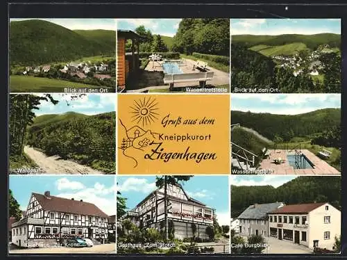 AK Ziegenhagen / Witzenhausen, Gasthaus Zur Krone, Gasthaus Zum Storch, Cafe Burgblick