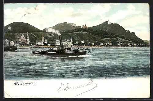 AK Königswinter, Dampfer auf dem Rhein, Ortsansicht vom Wasser aus gesehen