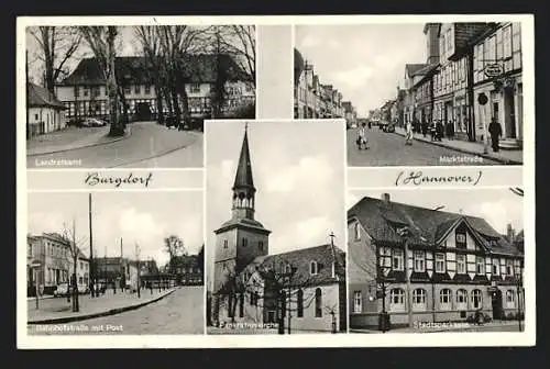AK Burgdorf /Hannover, Bahnhofstrasse mit Post, Marktstrasse, Stadtsparkasse