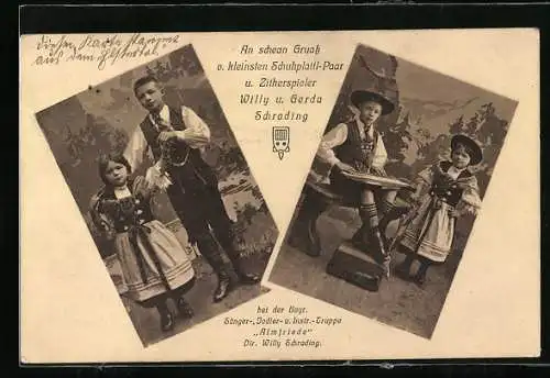 AK Schuhplattl-Paar u. Zitherspieler Willy u. Gerda Schrading in Trachten