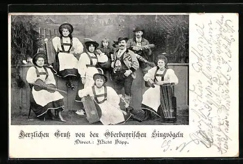AK Trachtenkapelle Oberbayrische Singvögel mit Geige, Zither, Laute