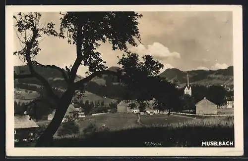 AK Alberschwende, Müselbach mit Kirche und Bergpanorama