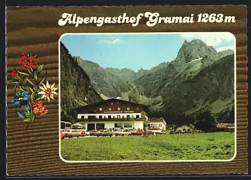 AK Pertisau /Achensee, Alpengasthof Gramai im Falzthurntal vor Gipfelpanorama, Gebirgsblumen