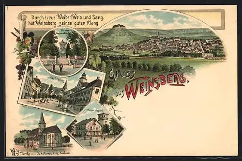 Lithographie Weinsberg, Kernerhaus, Kirche, Marktplatz, Kernerdenkmal