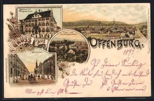 Lithographie Offenburg, Rathaus mit Drakedenkmal, Bahnhofstrasse, Lehr- und Erziehungsanstalt