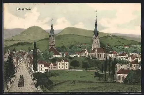AK Edenkoben, Ortsansicht mit Kirchen