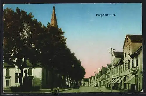 AK Burgdorf i. H., Strassenpartie mit Kirche