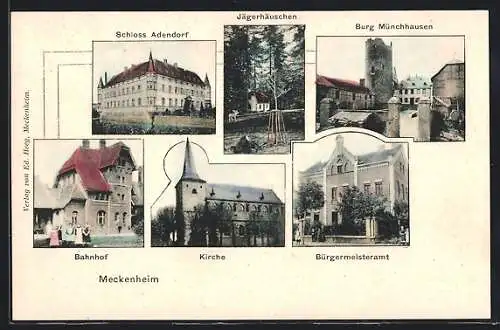 AK Meckenheim / Pfalz, Bahnhof, Schloss Adendorf, Jägerhäuschen