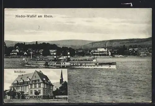 AK Nieder-Walluf am Rhein, Schulhaus, Ortsansicht mit Rheindampfer