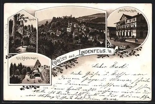 Lithographie Lindenfels i. O., Hotel und Pension Rauch, Rodenstein, Ruine Lindensfels, Burghof, Totalansicht