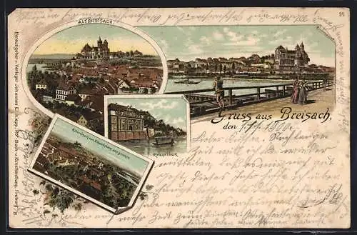 Lithographie Breisach, Rheintor, Ortsansichten aus der Vogelschau