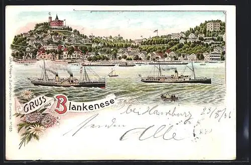 Lithographie Hamburg-Blankenese, Ortspanorama vom Wasser aus