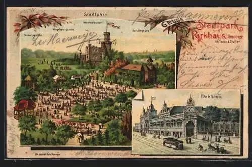 Lithographie Hannover, Gasthaus Stadtpark und Parkhaus von Tesch & Steffen