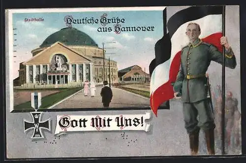 AK Hannover, Stadthalle, Eisernes Kreuz, Soldat mit Fahne
