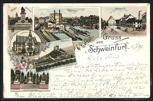 Lithographie Schweinfurt, Blick auf Maxbrücke, Kornmarkt, Rathaus und Rückerts Denkmal