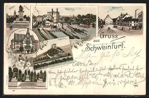 Lithographie Schweinfurt, Rückert-Denkmal, Maxbrücke, Kornmarkt